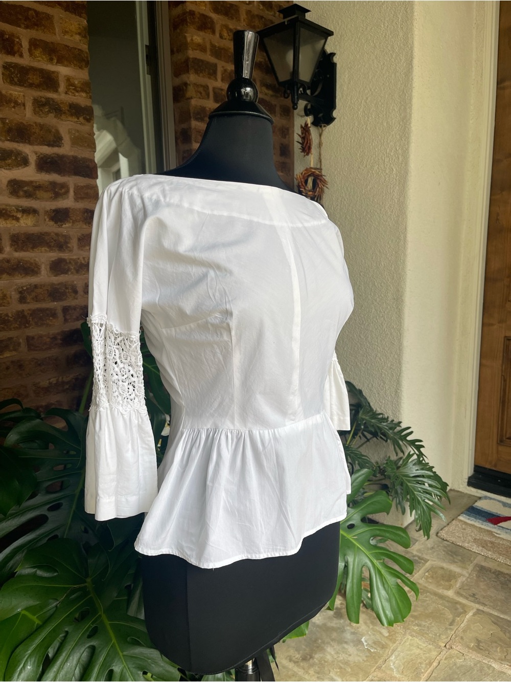 Vintage White Lace-Panel Peplum Blouse, Bell Sleeves, Purchased in St. Thomas